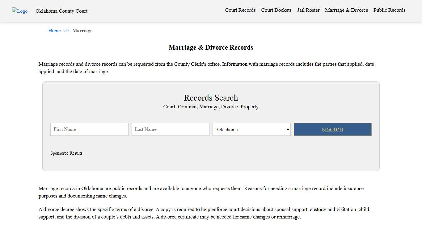 Marriage & Divorce Records | Oklahoma County Court